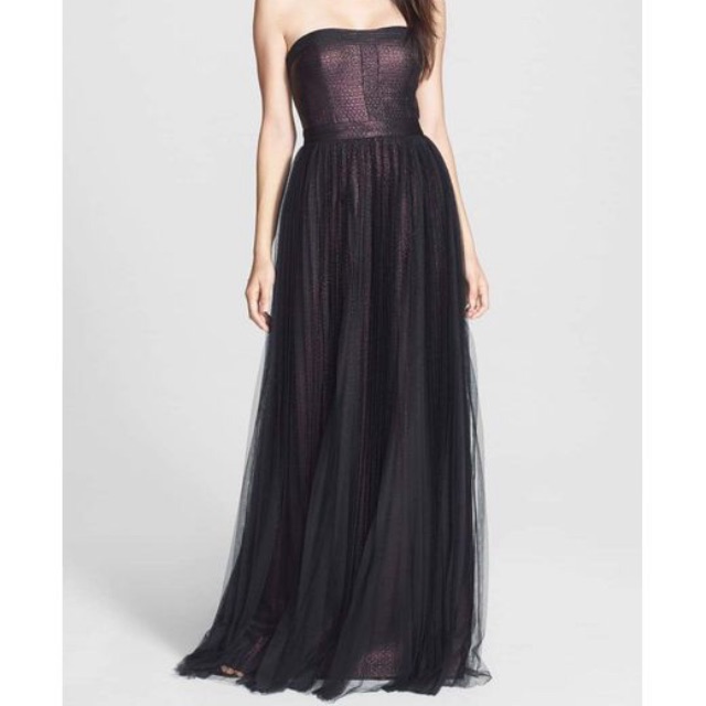 Adrianna Papell Black Strapless Long Metallic Jacquard Gown Dress